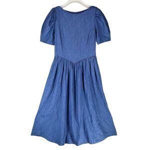 Laura Ashley Dress Size 10 US Linen & Cotton Blue Jacquard Cottagecore Vintage